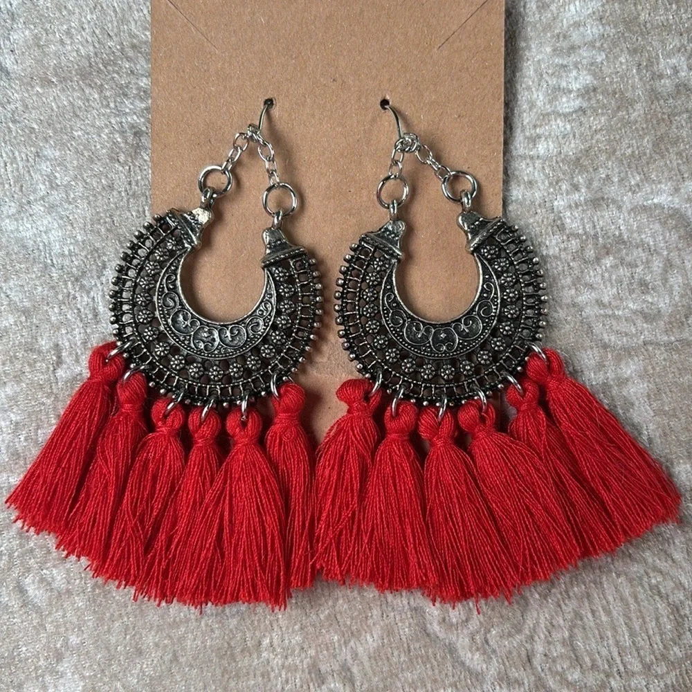 Brand New Red Tassel Oxidized Metal Floral Crescent Boho Festival Drop Earrings